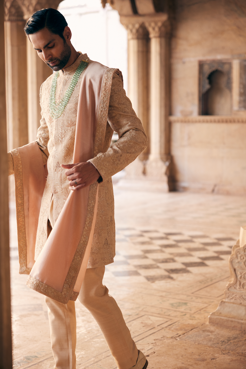 Zimraan Hand-embroidered Silk Sherwani - Beige