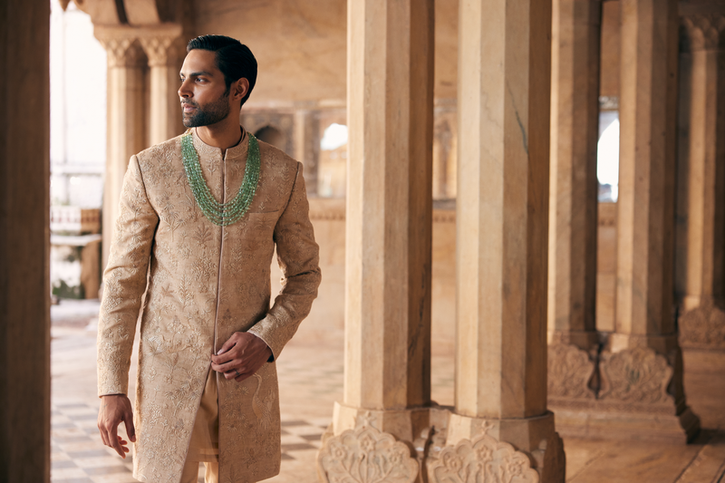 Zimraan Hand-embroidered Silk Sherwani - Beige