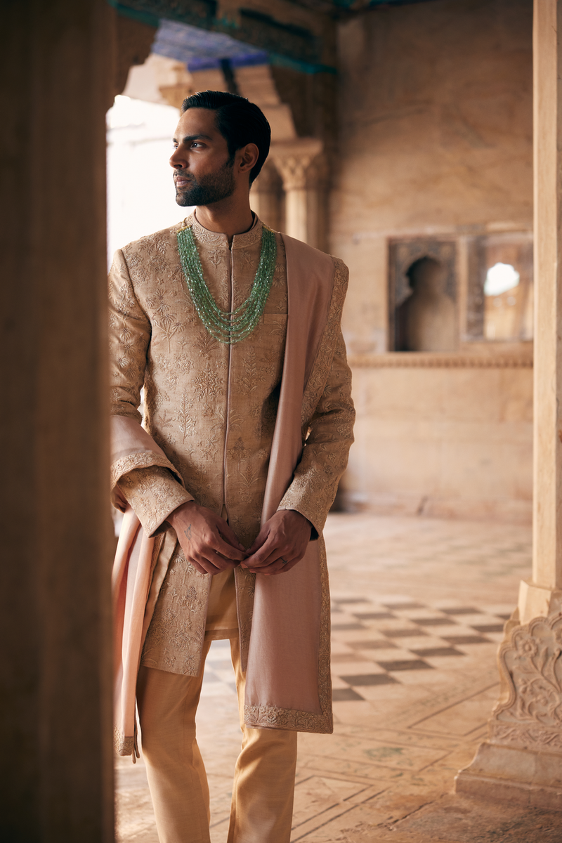 Zimraan Hand-embroidered Silk Sherwani - Beige