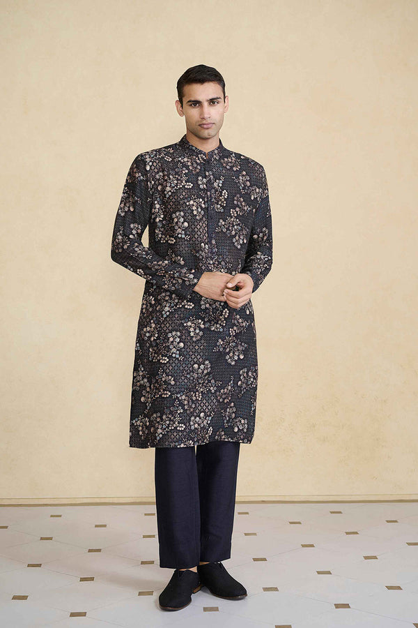 Rukham Printed Silk Kurta - Black
