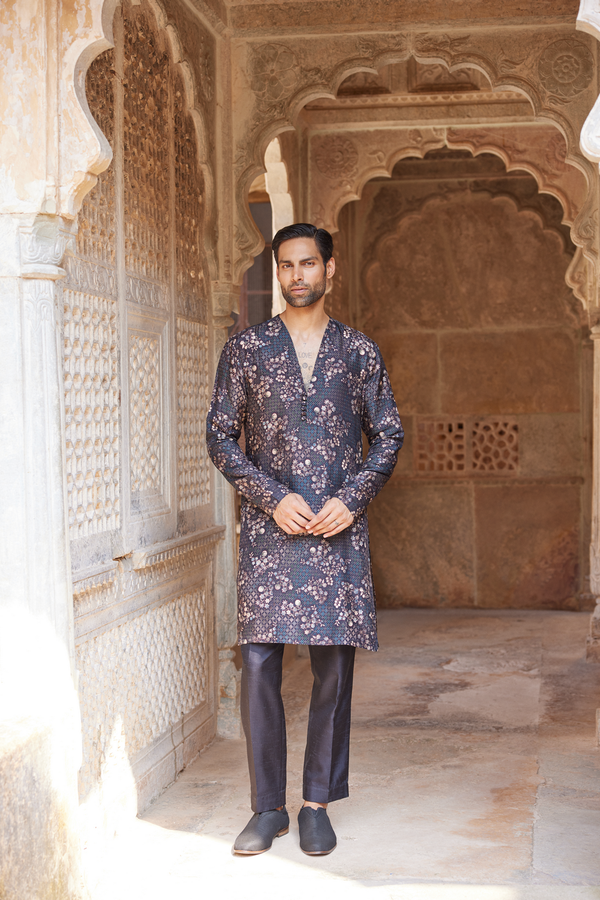 Rukham Printed Silk Kurta - Black