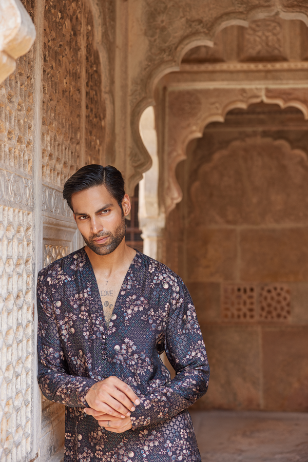 Rukham Printed Silk Kurta - Black