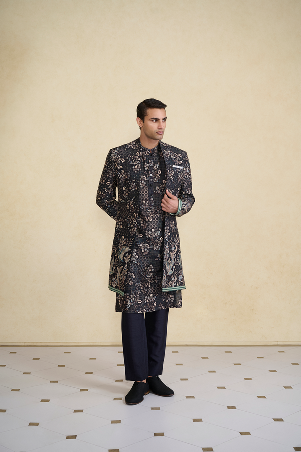 Rukham Printed Silk Sherwani - Black
