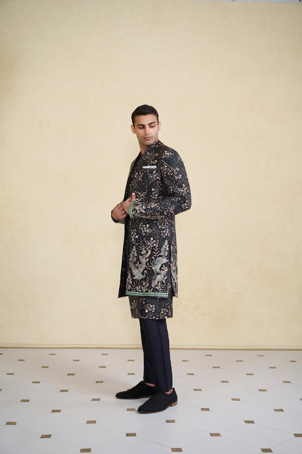 Rukham Printed Silk Sherwani - Black