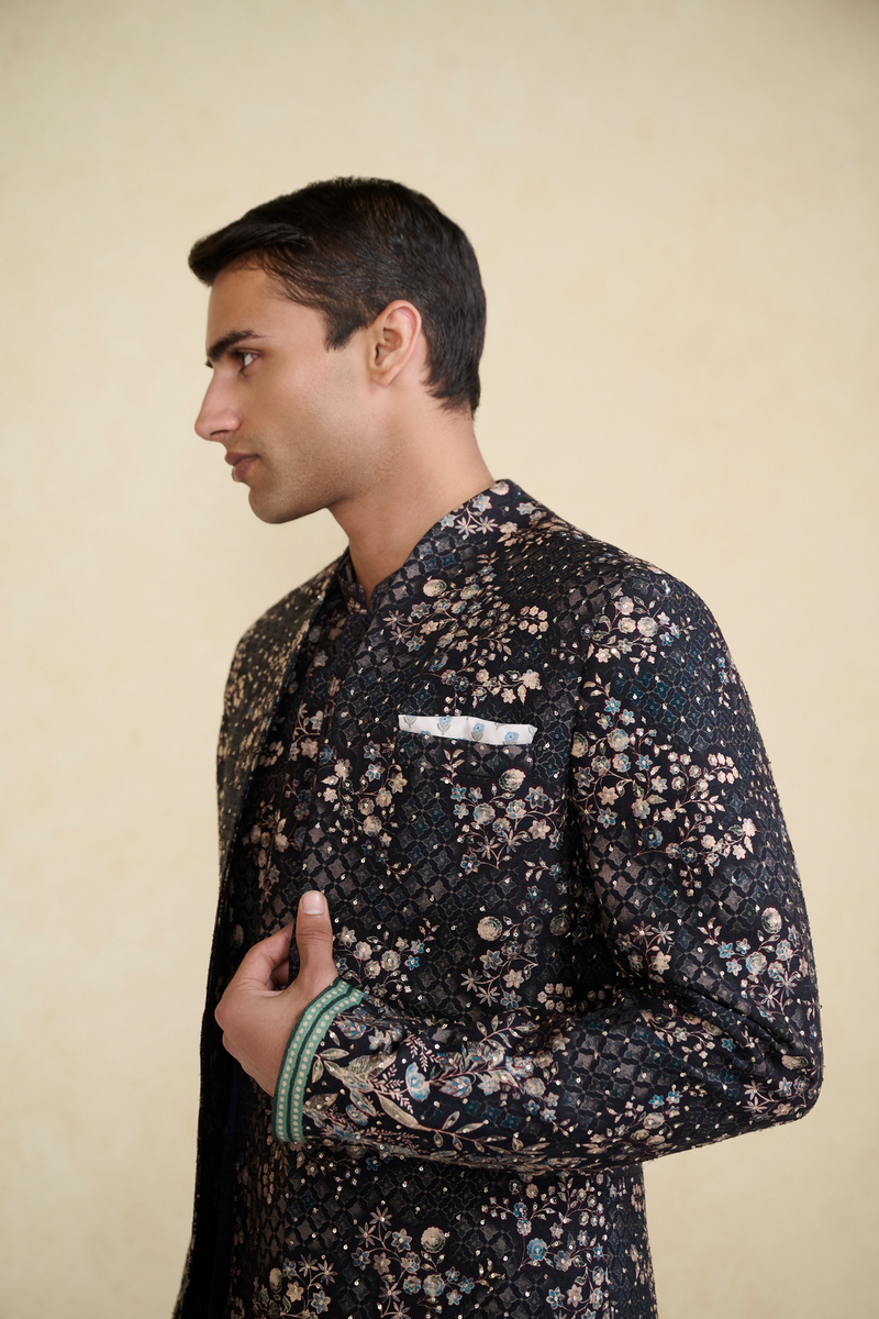 Rukham Printed Silk Sherwani - Black