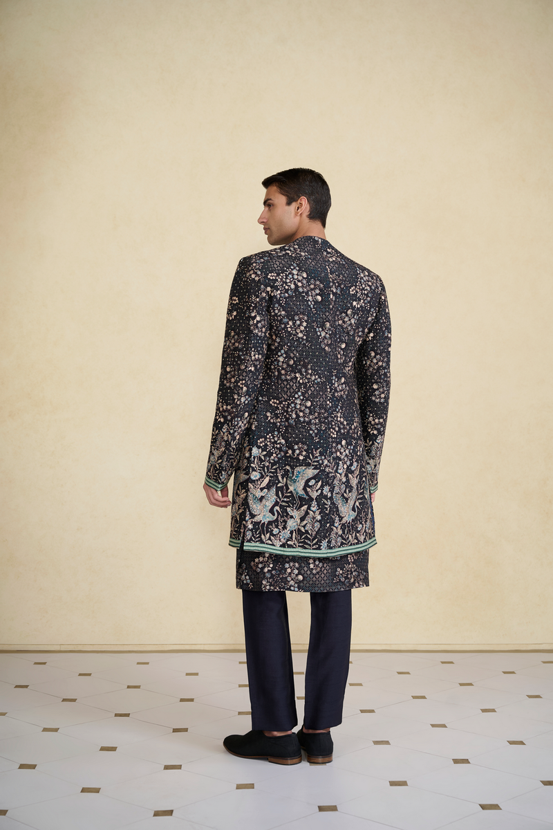 Rukham Printed Silk Sherwani - Black