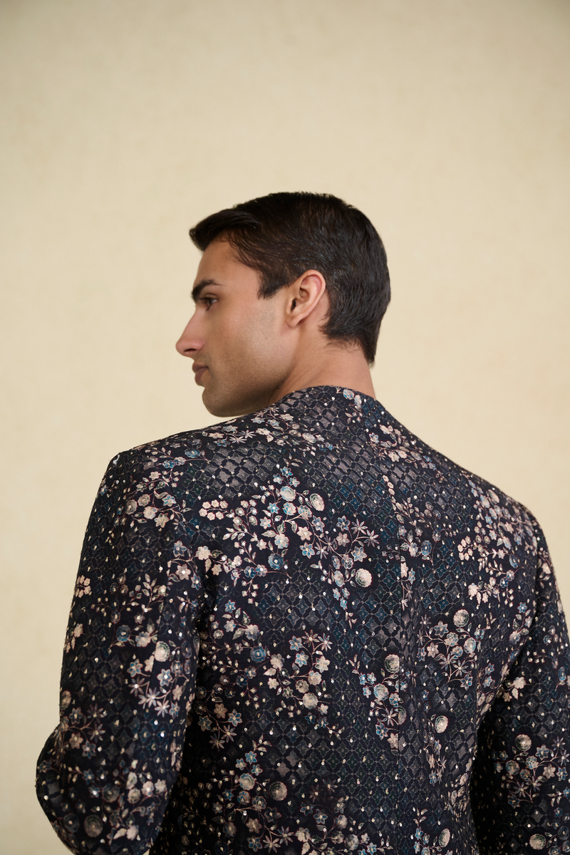 Rukham Printed Silk Sherwani - Black