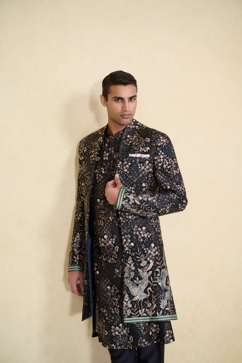 Rukham Printed Silk Sherwani - Black