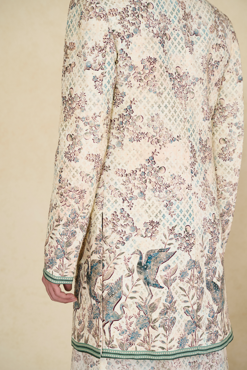 Rukham Printed Silk Sherwani - Ivory