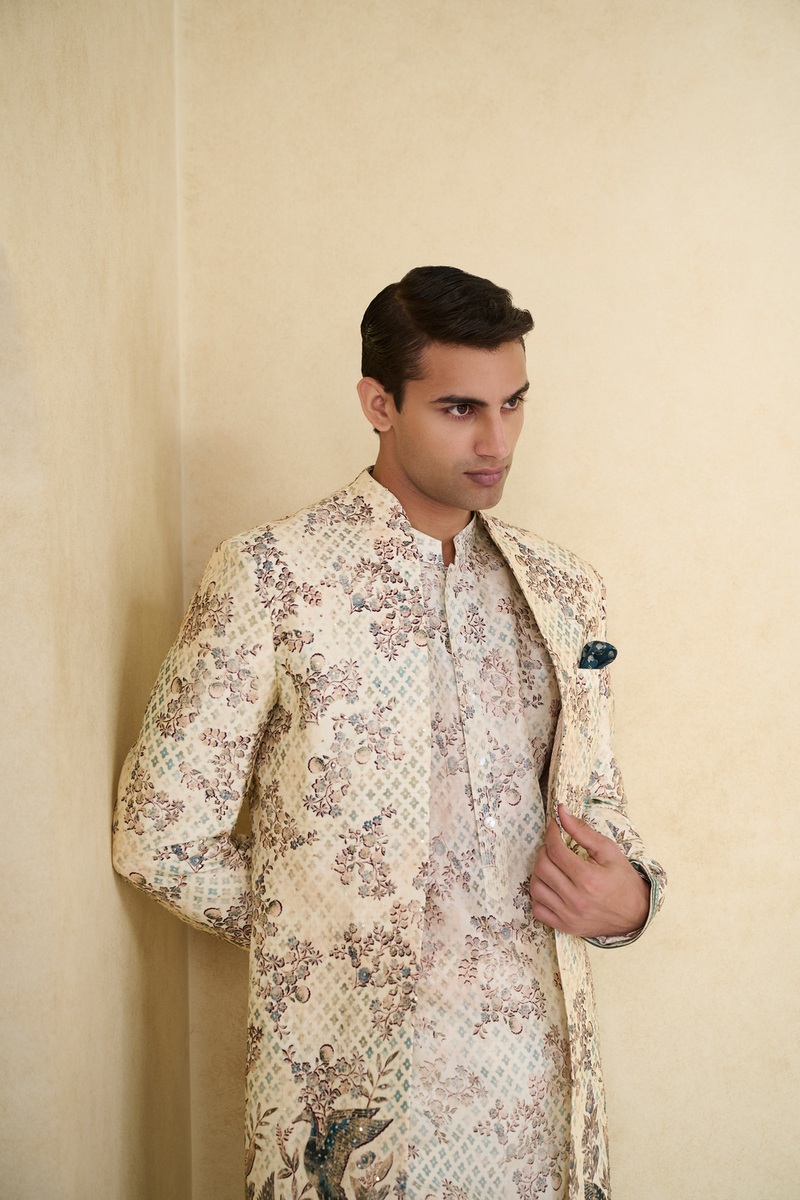 Rukham Printed Silk Sherwani - Ivory