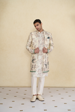 Rukham Printed Silk Sherwani - Ivory