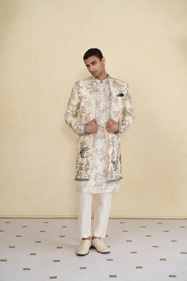 Rukham Printed Silk Sherwani - Ivory