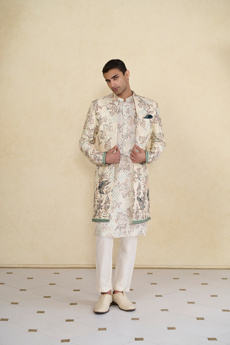 Rukham Printed Silk Sherwani - Ivory