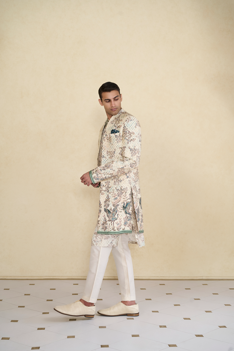 Rukham Printed Silk Sherwani - Ivory