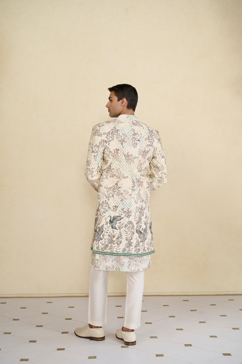 Rukham Printed Silk Sherwani - Ivory