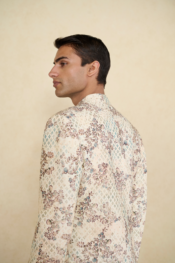 Rukham Printed Silk Sherwani - Ivory