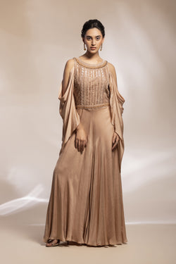 Champaign Gold Jumpsuit With Embroidered Bodice And Draped Sleeves.