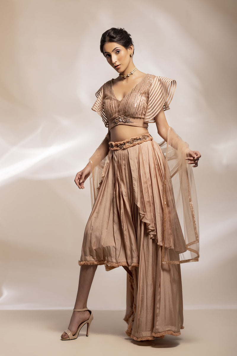 Champaign Silk Pleated Skirt Ensemble With Embroidered