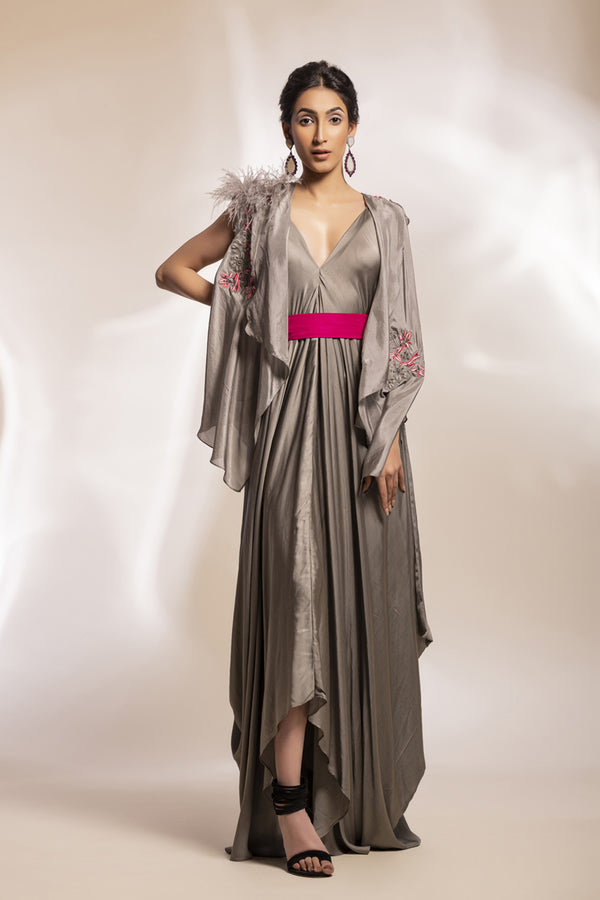 Grey Satin Assymetrical Dress With Fuchsia Belt + Feathered Satin Jacket