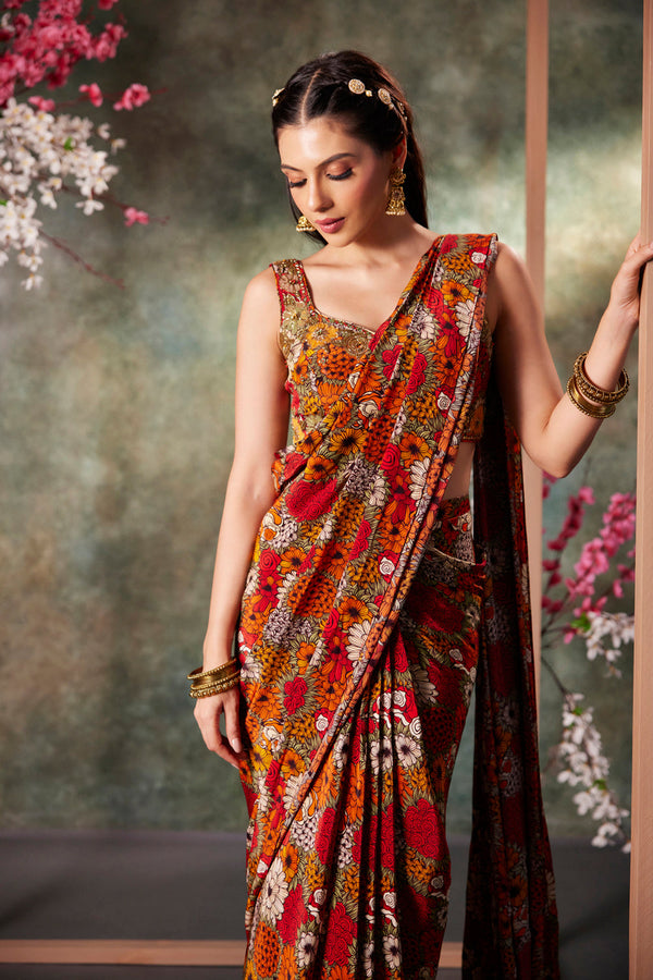 Orange Printed Choli And Pre Draped Saree Set With Embroidery