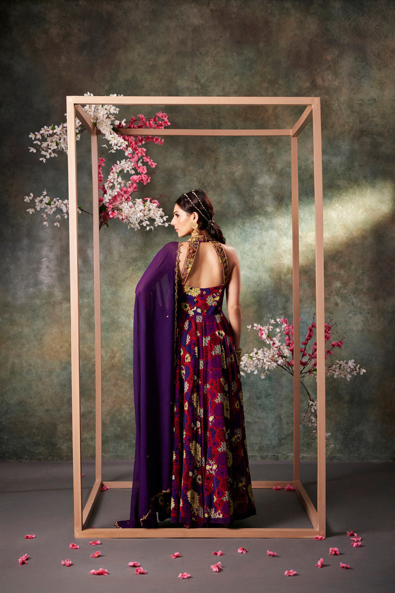 Purple Printed Anarkali And Dupatta Set With Embroidery