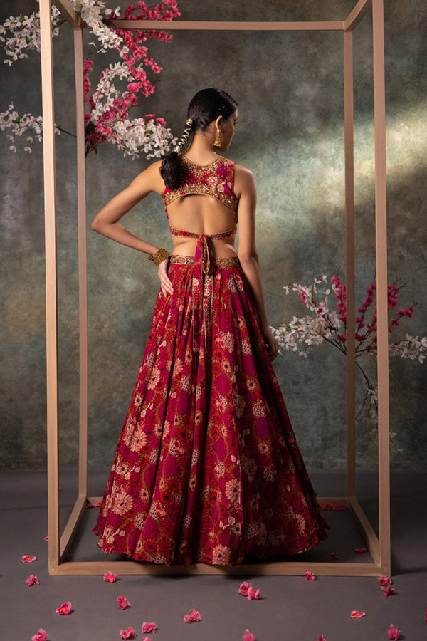 Pink Printed Backless Top And Lehenga Set With Embroidery