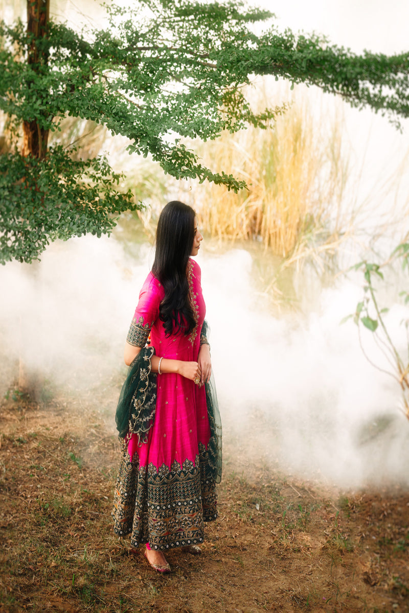 Hot Pink Anarkali with Green Duppata