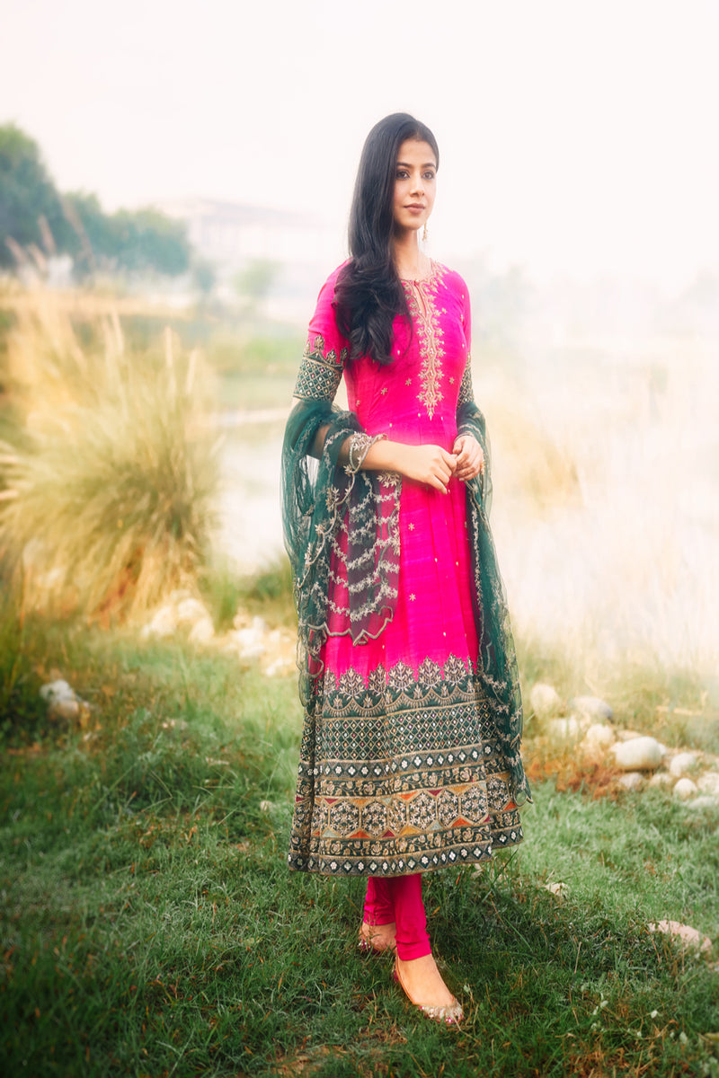 Hot Pink Anarkali with Green Duppata