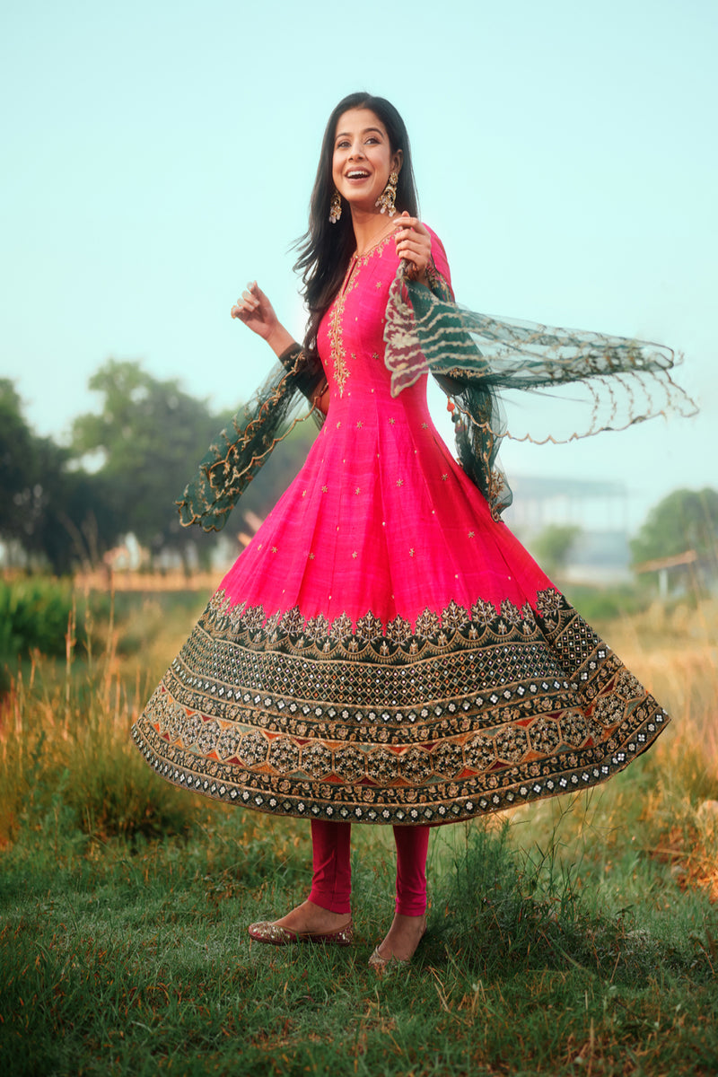 Hot Pink Anarkali with Green Duppata