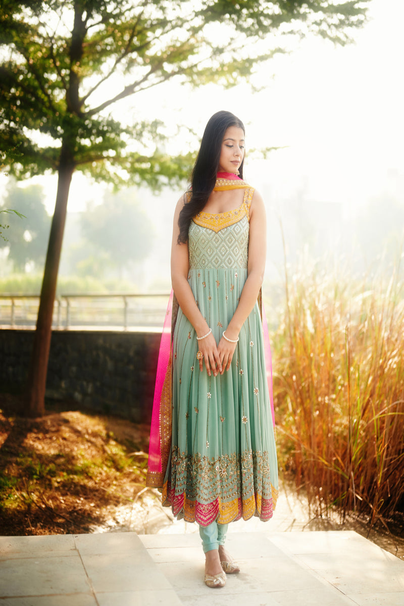 Cyan Color Anarkali with Yellow and Hot pink scallop embroidery