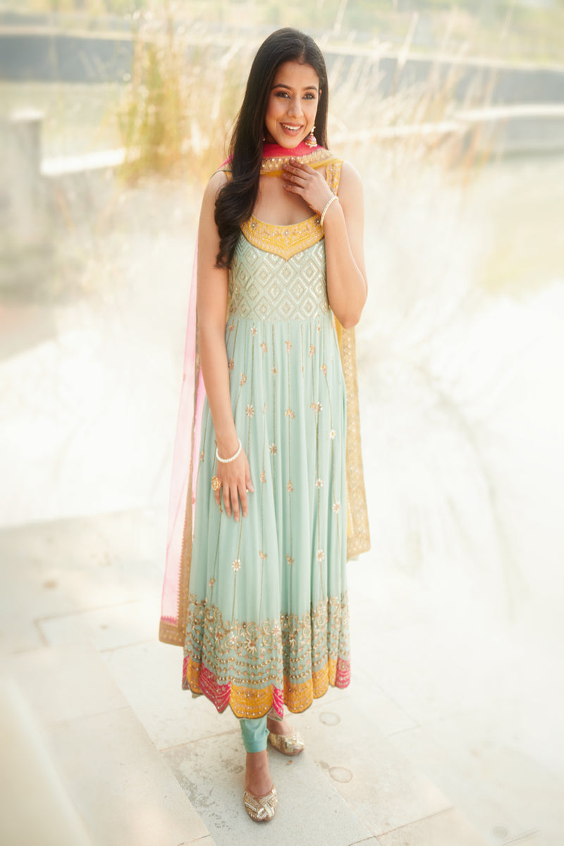 Cyan Color Anarkali with Yellow and Hot pink scallop embroidery