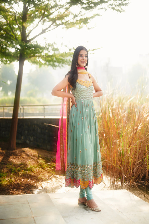 Cyan Color Anarkali with Yellow and Hot pink scallop embroidery