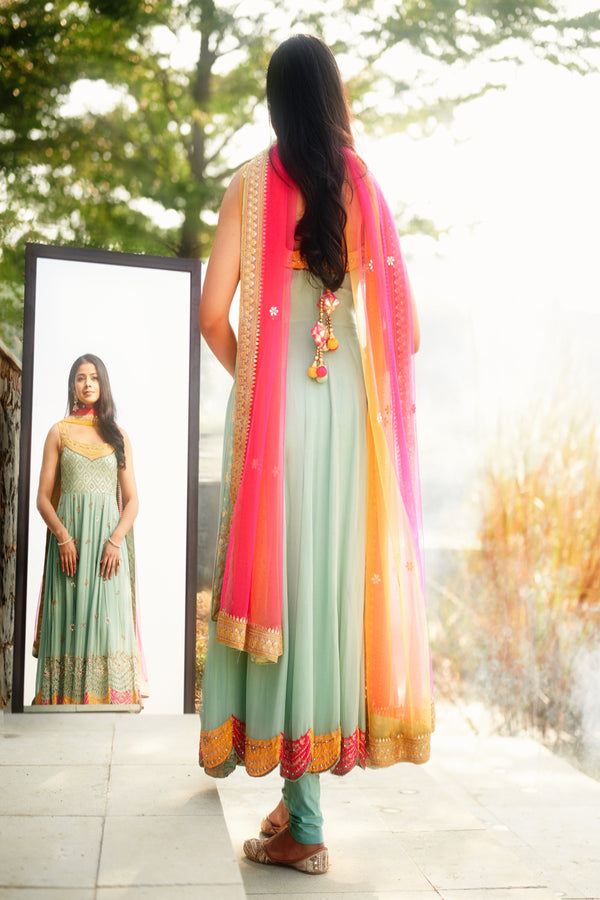 Cyan Color Anarkali with Scalloped embroidery dupatta