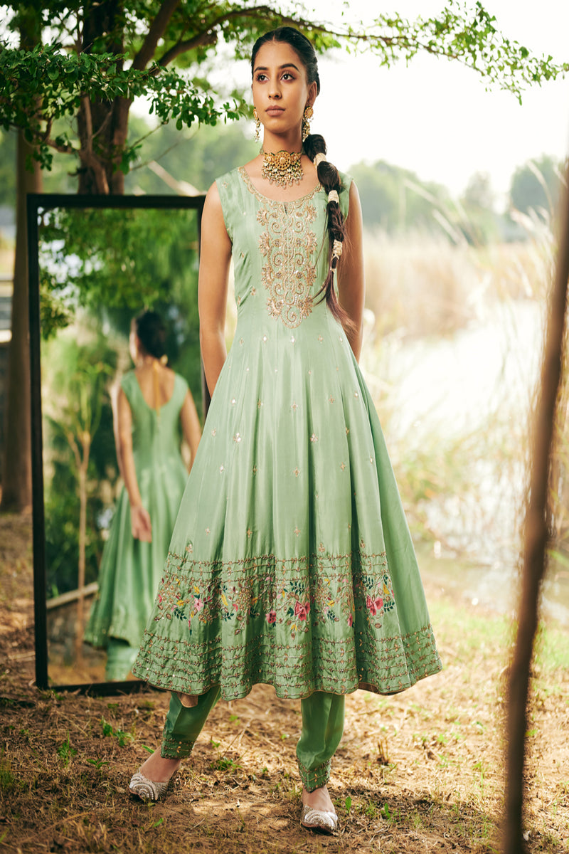 Cyan Color Anarkali with Scalloped embroidery dupatta