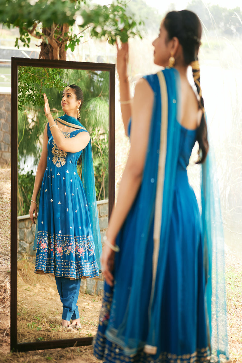 Teal Blue Anarkali with Scalloped embroidery dupatta