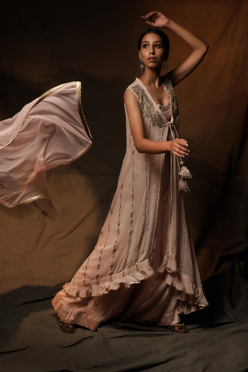 Baby Pink Asymmetric Anarkali with Sharara