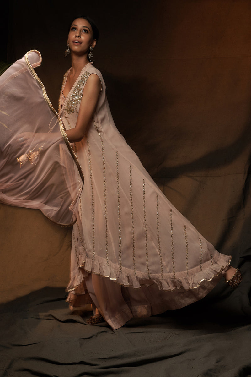 Baby Pink Asymmetric Anarkali with Sharara