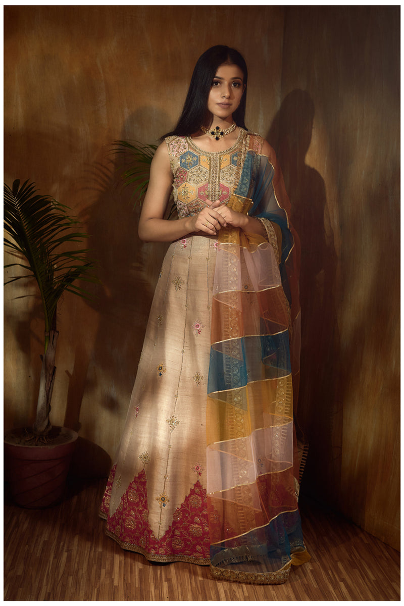 Beige Lehanga with Benarsi Patch and Multi Color thread work top