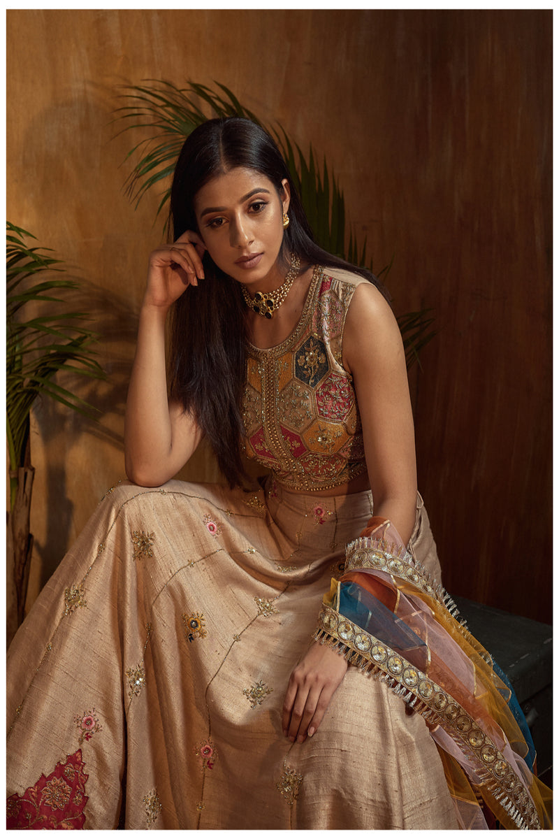 Beige Lehanga with Benarsi Patch and Multi Color thread work top