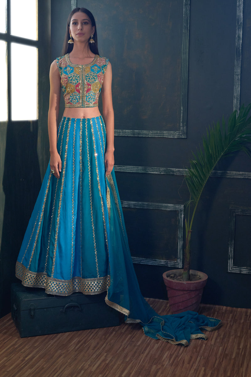 Emerald Green and Teal Blue Shaded Lehanga Set