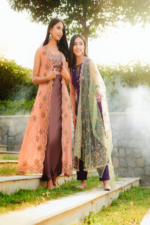 Peach Jacket with Dhoti skirt