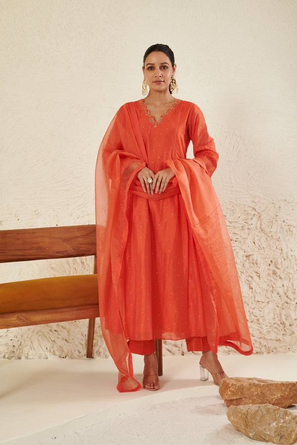 Orange Embroidered Kurta Set