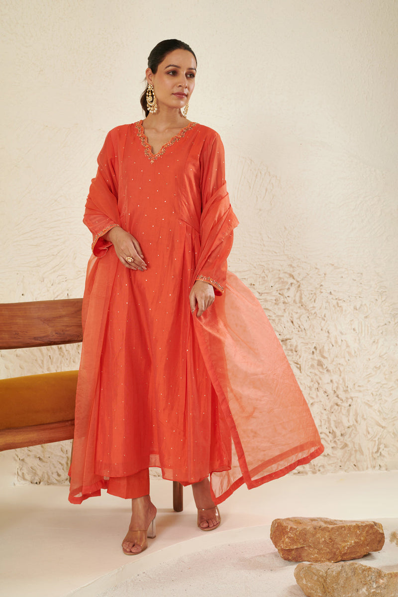 Orange Embroidered Kurta Set