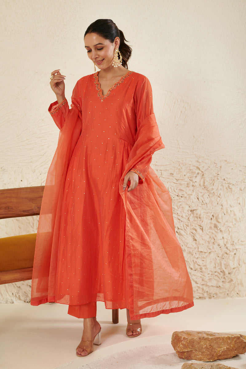 Orange Embroidered Kurta Set