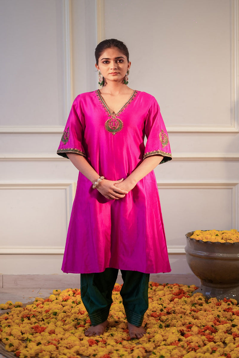 Hot Pink & Bottle Green Kurta Set