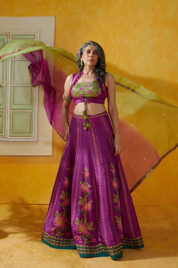 Green Tussar Choli With Ruffle Detail And Intricate Handwork  Along With Highlighted Ombre Dupatta