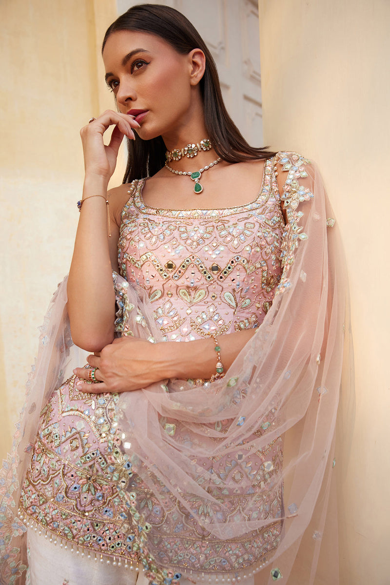 Ivory And Rosepink Mirror Gharara Set