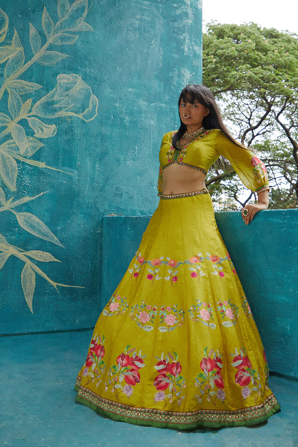 Yellow  printed lehenga set ornamented with embroidery neckline ,chiffon sleeves and printed organza dupatta