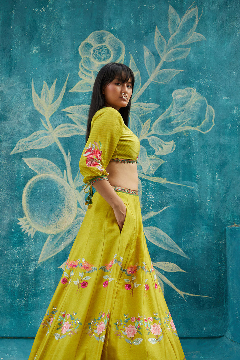 Yellow  printed lehenga set ornamented with embroidery neckline ,chiffon sleeves and printed organza dupatta