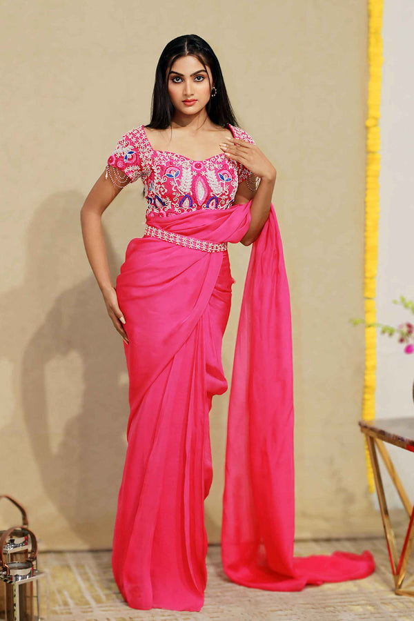 Rangoli pink drape saree